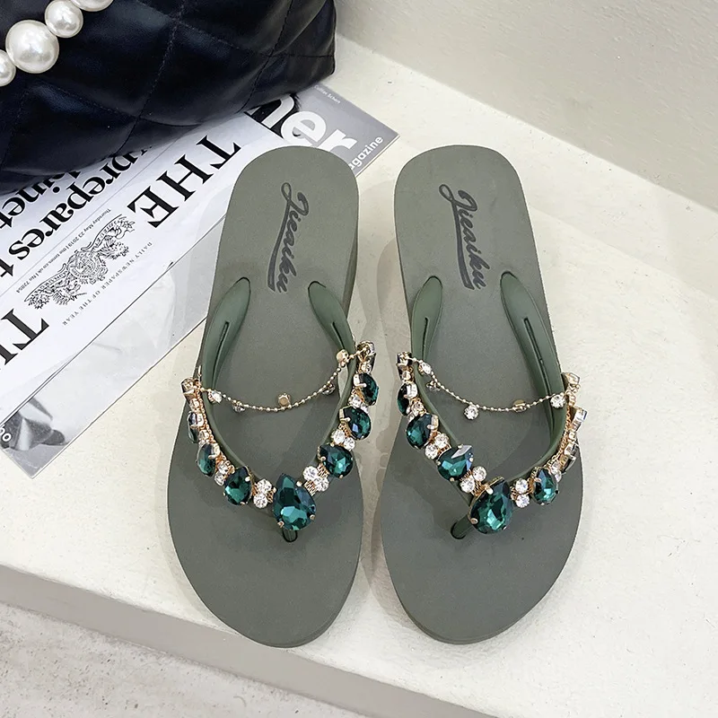 deanwangkt New Ins Rhinestone Chain Thick-soled Flip-flops Women Wear Beach Holiday Sandals and Slippers with Wedges Outside Summer. - Deanwangkt