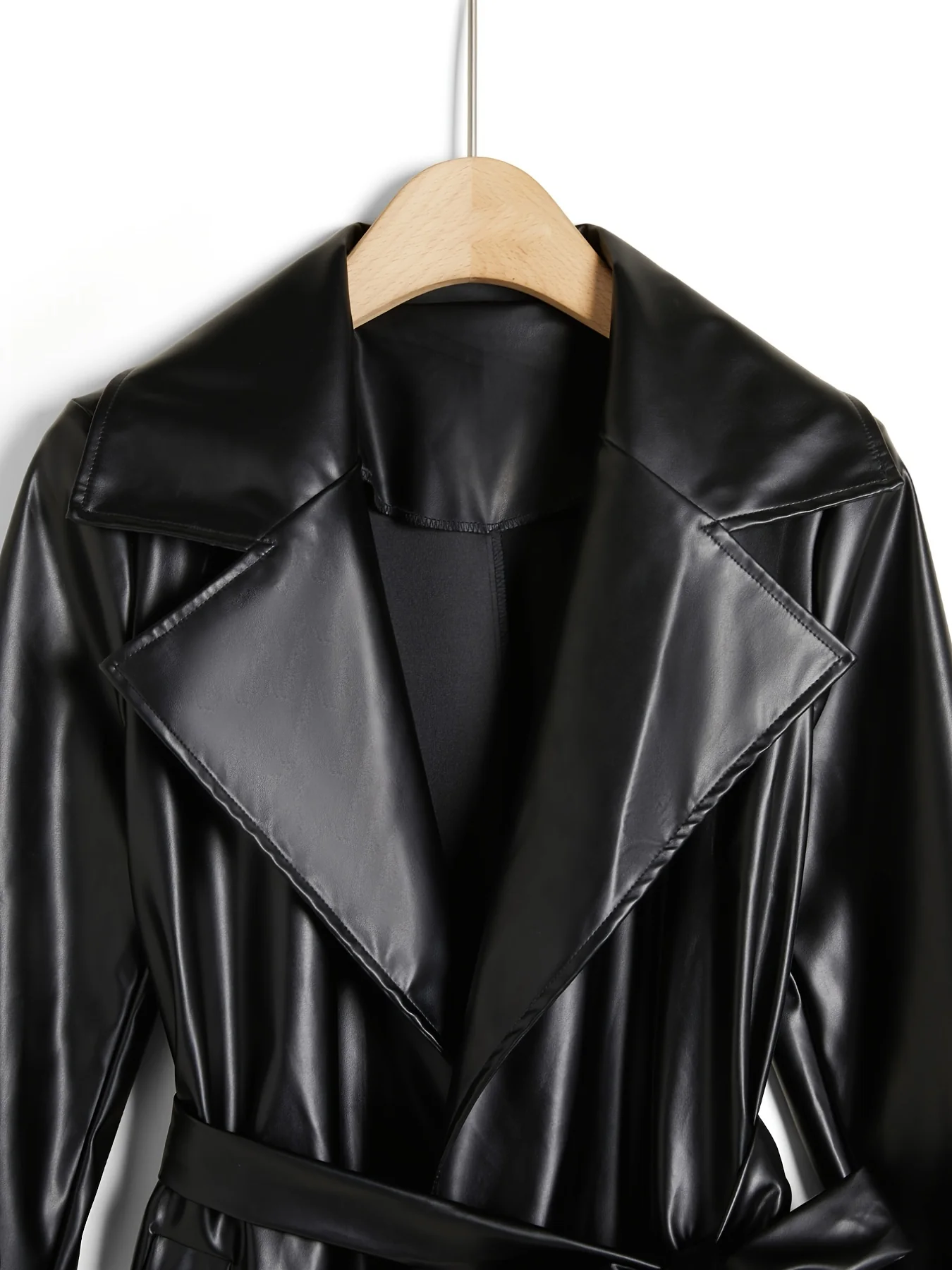 Longline Faux Leather Coat, Elegant Black Lapel Belted Coat For Fall & Winter, Women's Clothing - Deanwangkt