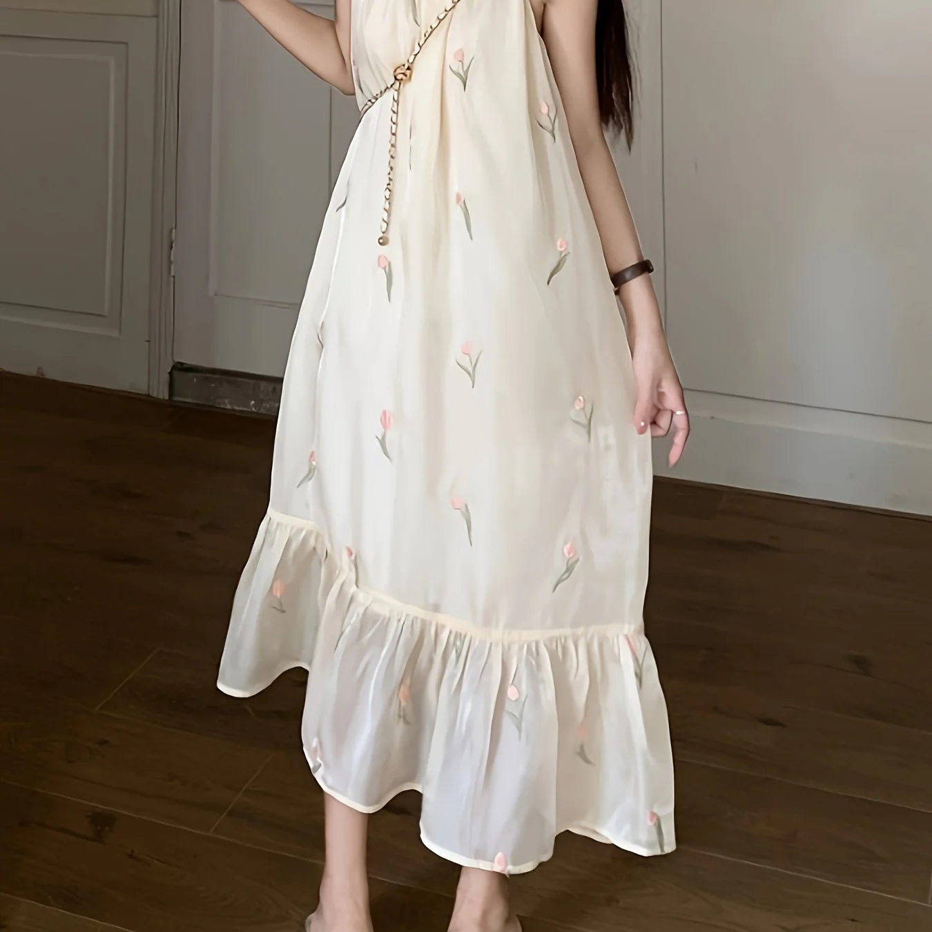 deanwangkt  Floral Pattern Halter Neck Dress, Elegant Sleeveless Ruffle Hem Dress For Spring & Summer, Women's Clothing - Deanwangkt