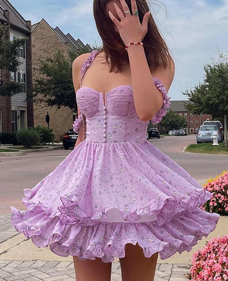 deanwangkt Forefair Floral Print Corset Spaghetti Strap Dresses Women Sexy Backless Spring Summer Ruffle Casual Vintage Mini Dress  Summer Fairy Dress - Deanwangkt