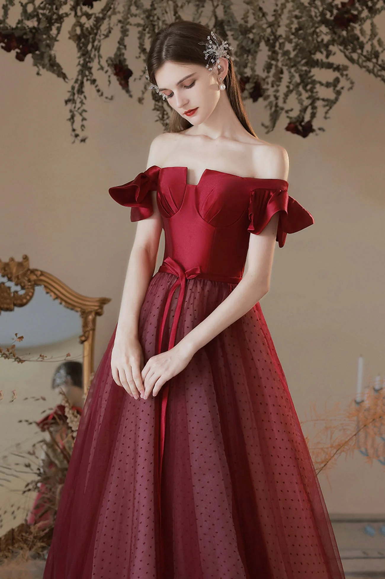 solvbao Burgundy Satin Tulle Long Prom Dress, A-Line Evening Dress - Deanwangkt