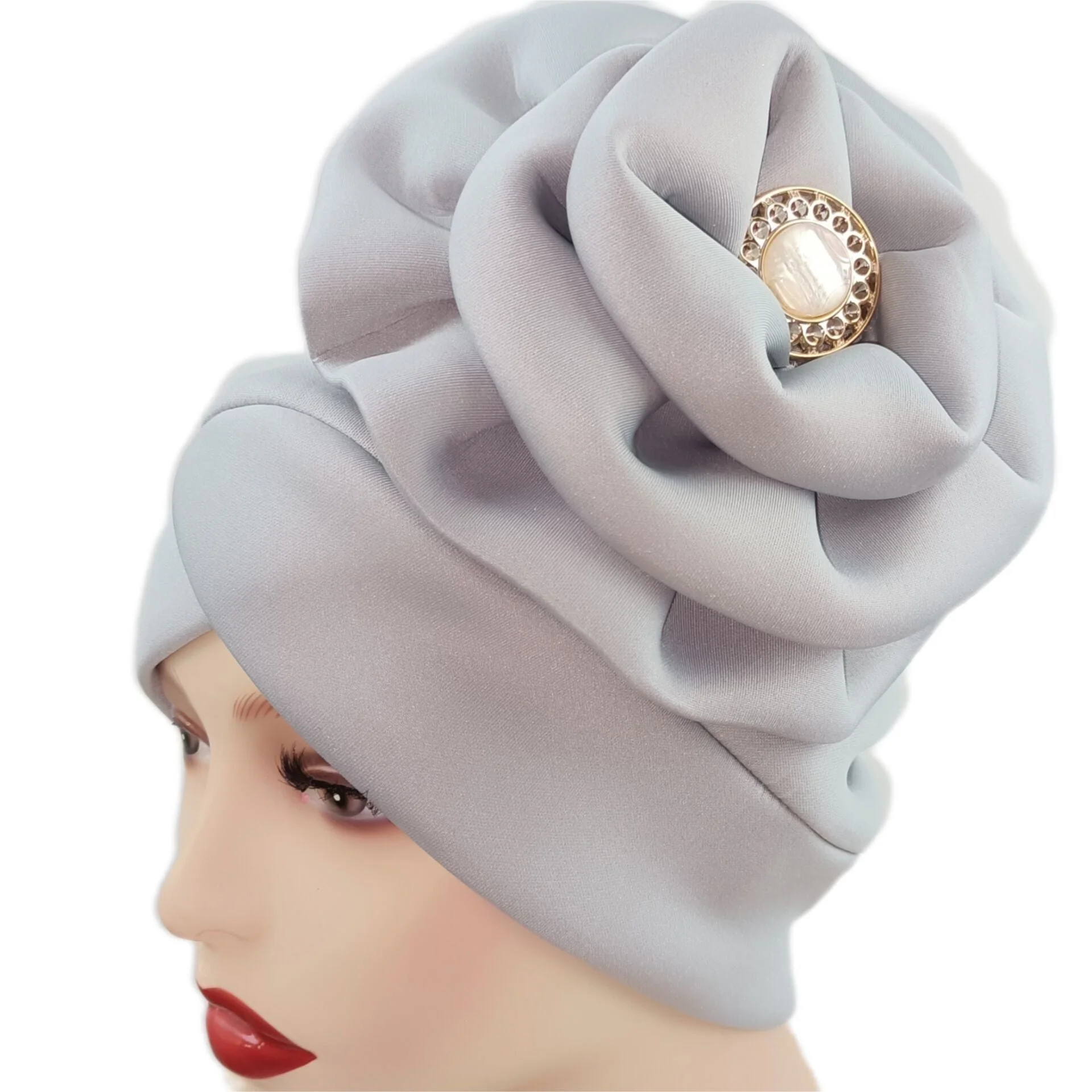 deanwangkt Solid African turban big flower design headtie cap for fashion women headwrap with badge - Deanwangkt
