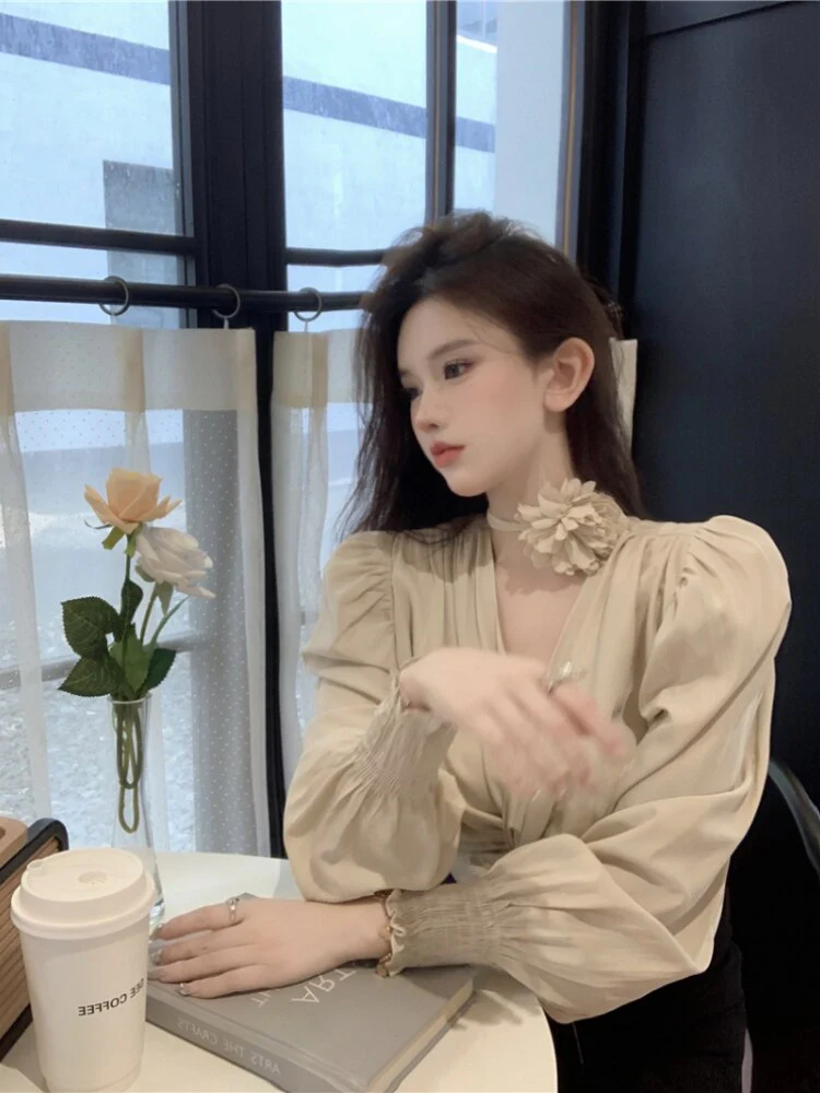 deanwangkt Temperament Tops Female V-neck Puff Sleeve Floral Blouse for Women Cropped Top  Blusas Mujer De Moda Chic Sexy Shirts 27m412 - Deanwangkt