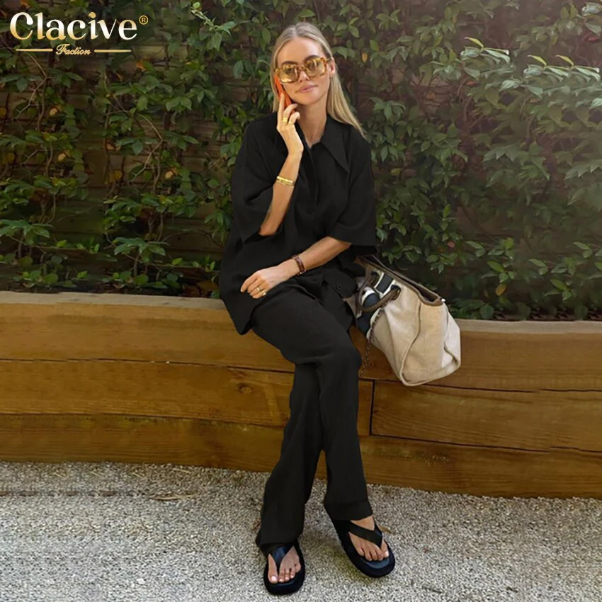 deanwangkt Causal Loose Trouser Suits Autumn Short Sleeve Blouse With High Wasit Pants Set Women Elegant Brown 2 Piece Pants Sets - Deanwangkt