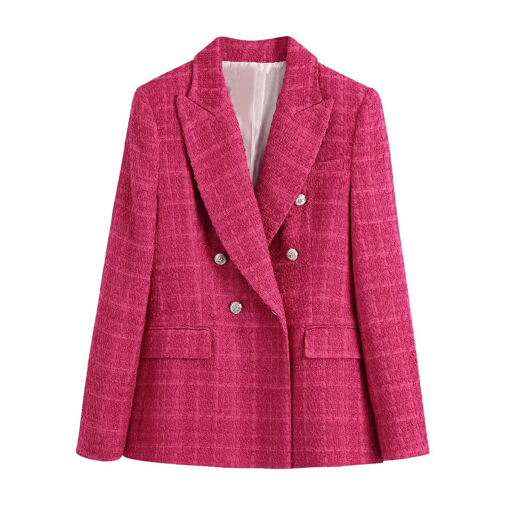 deanwangkt Women jacket Autumn  NEW Double Breasted Tweed Check Blazer Coat Vintage Long Sleeve Top Pockets Female Outerwear Chic hot - Deanwangkt