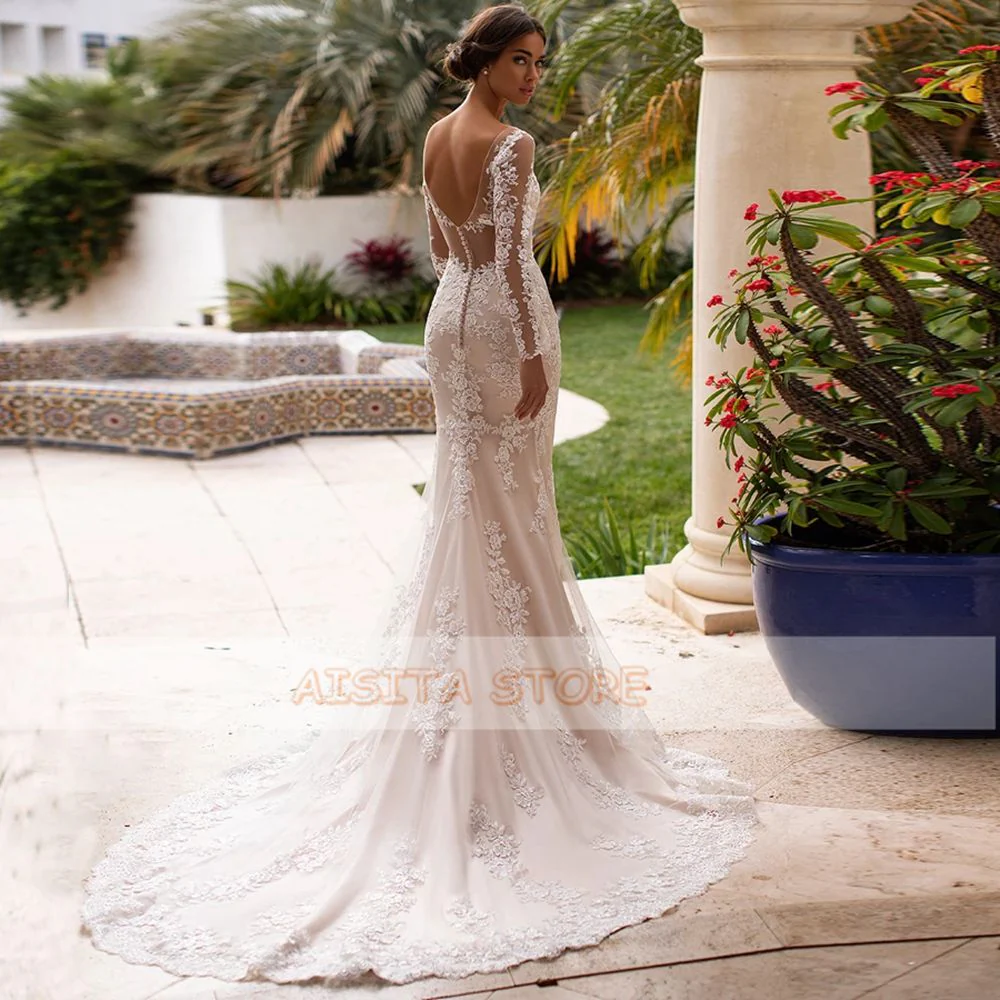 Champagne Mermaid Wedding Dresses Elegant Lace Appliques Long Sleeve Backless V Neck Court Train Bridal Gowns for Women - Deanwangkt