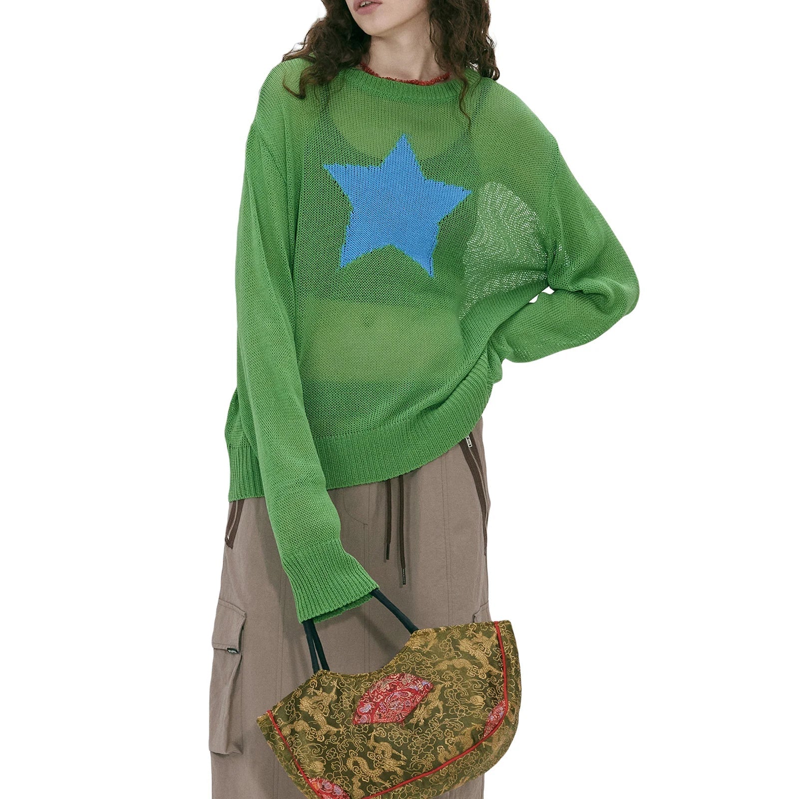 deanwangkt women loose knitted sweater Star Pattern Pullovers Ladies Round Collar Long Sleeve Knitwear Jumpers Y2k Clothes Streetwear - Deanwangkt