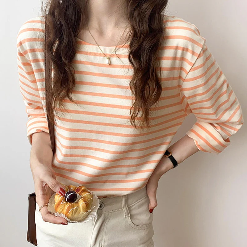 Wenkouban Women's Cotton Striped Top O Neck Loose Casual All-Match T Shirts Female Long Sleeve Basic Fashion Korean New Tees T-Shirt Femme - Deanwangkt