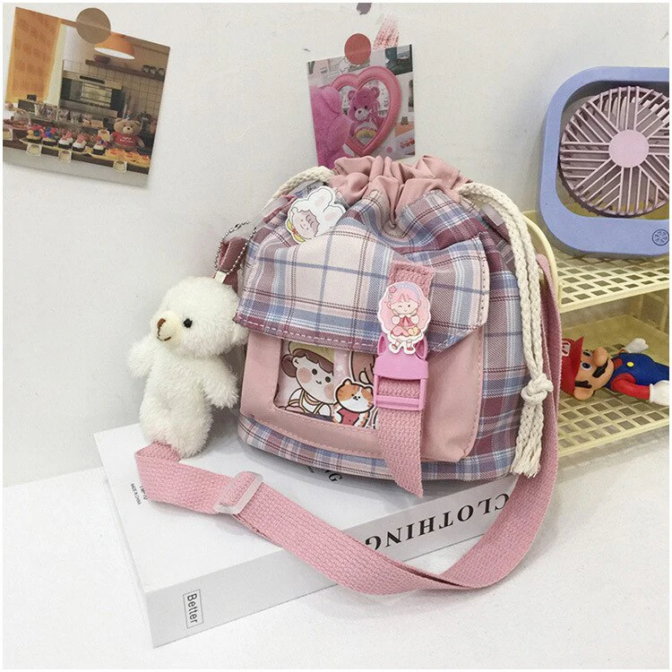 deanwangkt New Summer Bucket Bag Women Plaid Nylon Bag Girls Small Crossbody Bags Handbag Mobile Phone Bag Drawstring Shoulder Bag Bolsos - Deanwangkt