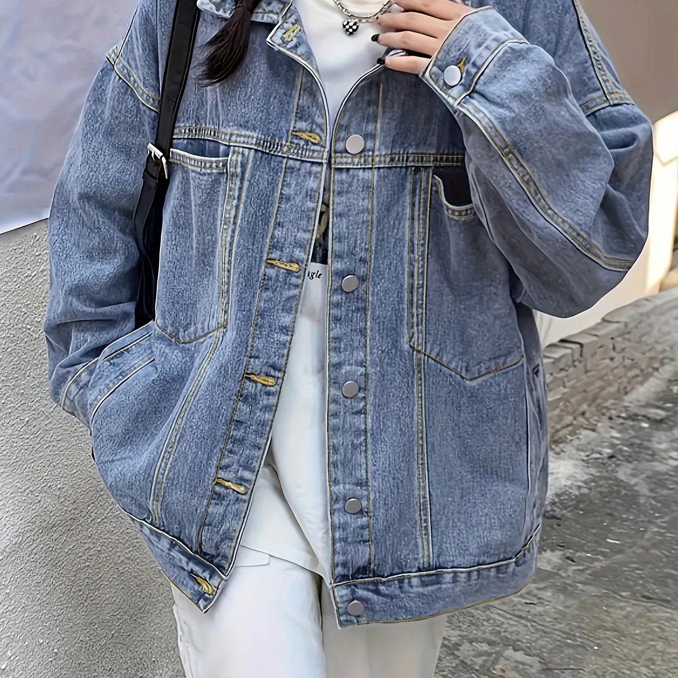 deanwangkt-1  Plain Loose Fit Denim Jackets, Patch Pockets Long Sleeves Lapel Versatile Denim Coats, Women's Denim Clothing - Deanwangkt
