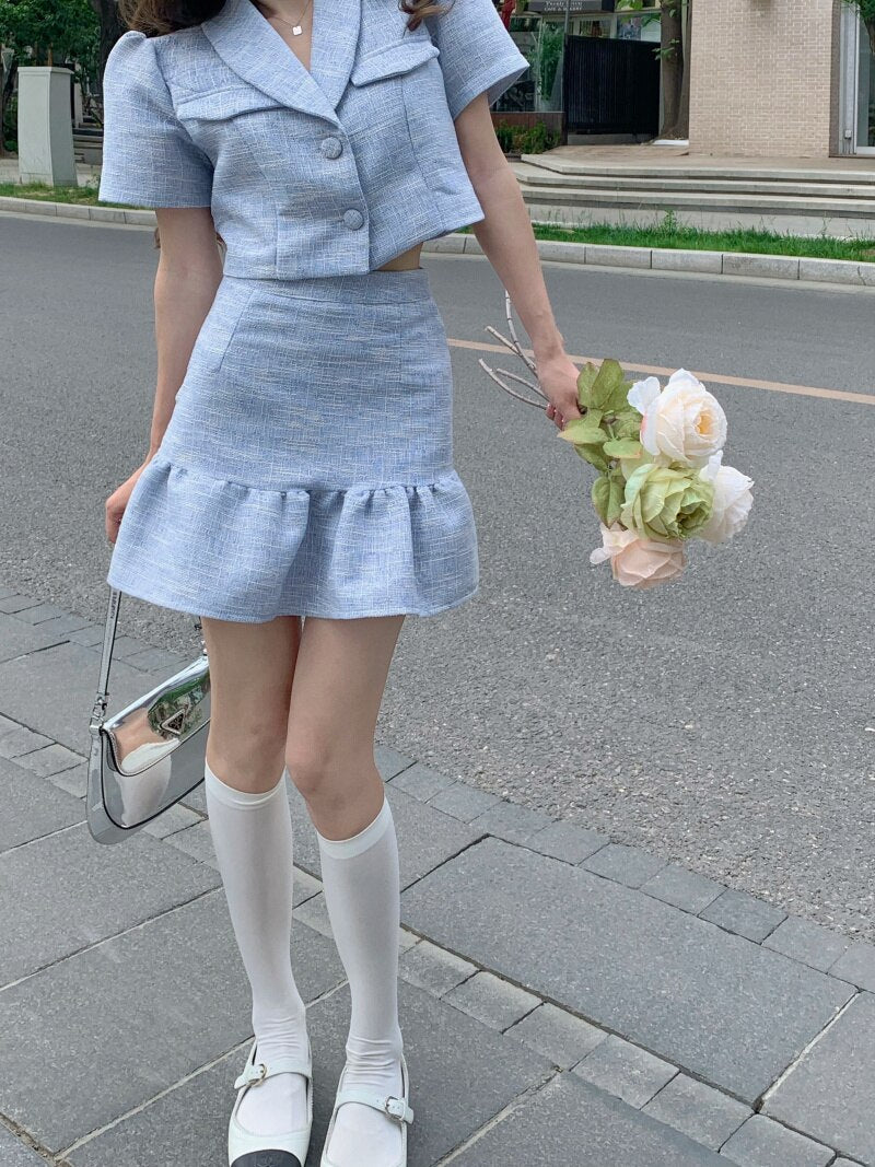 deanwangkt High Quality New Summer Fashion Korean Sweet Elegant 2 Piece Set Women Crop Top Shirt Blouse Mini Skirt Suits Two Piece Outfits - Deanwangkt