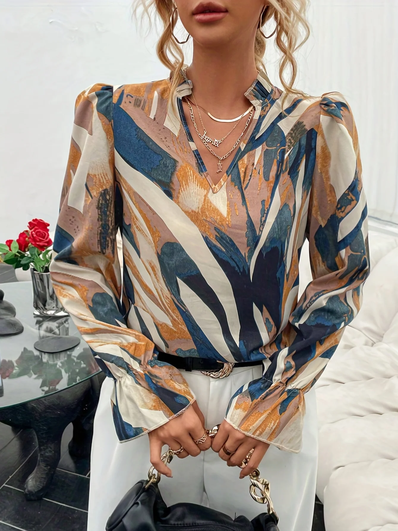 All Over Print V Neck Blouse, Elegant Long Sleeve Ruffle Trim Blouse, Women's Clothing - Deanwangkt