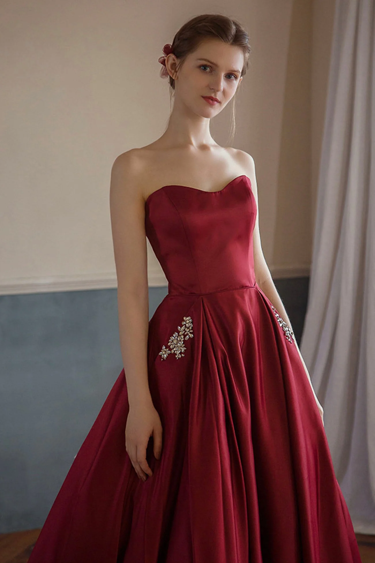 solvbao Burgundy Satin Long Strapless Prom Dresses with Pockets - Deanwangkt