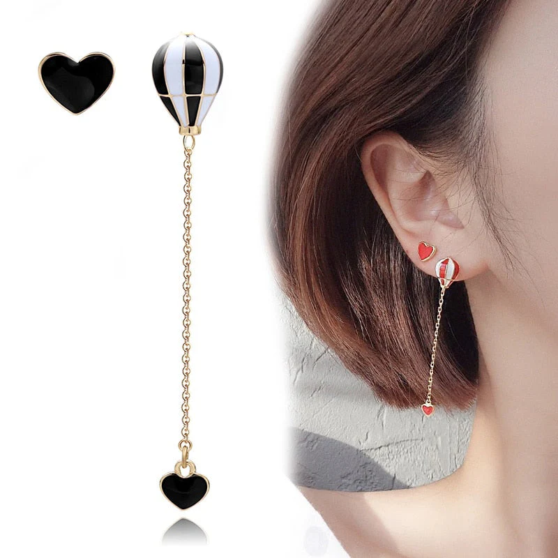 DEANWANGKT Hot Air Balloon Long Earrings for Women Korean Asymmetric Heart Gold Chain Statement Dangle Earring Fashion Ear Jewelry - Deanwangkt