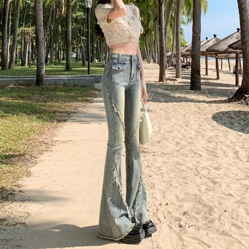 deanwangkt Versatile Japanese Pants, Spring And Autumn Trends, Dark Micro Flared Pants, Minimalist Literary Jeans, High Waisted Fashion - Deanwangkt