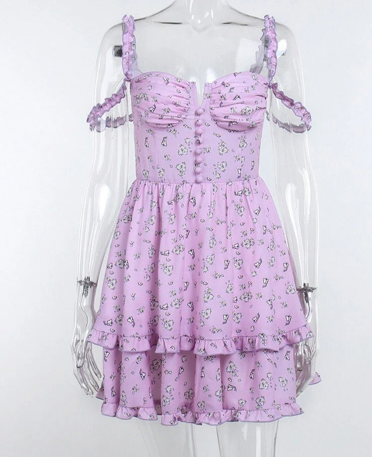 deanwangkt Forefair Floral Print Corset Spaghetti Strap Dresses Women Sexy Backless Spring Summer Ruffle Casual Vintage Mini Dress  Summer Fairy Dress - Deanwangkt