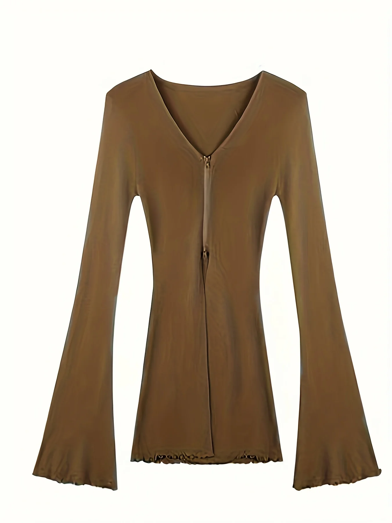 Solid V-neck Zipper Long Sleeve T-shirt, Elegant Autumn & Winter Comfy T-shirt, Women's Clothing - Deanwangkt