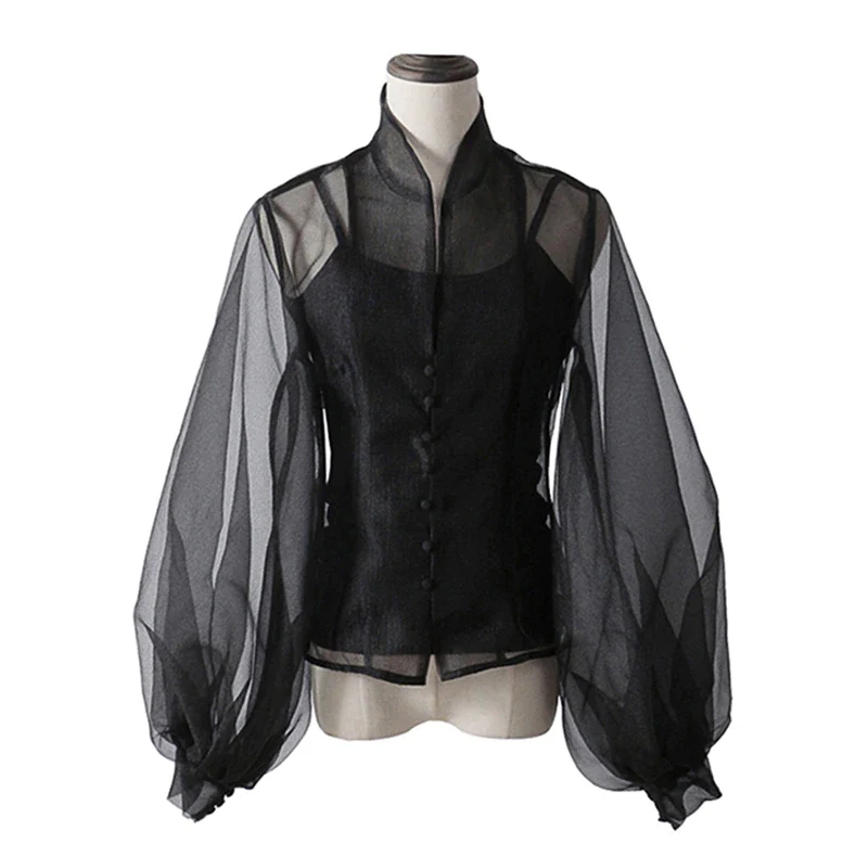 deanwangkt See Through Black Blouse For Women Stand Collar Lantern Long Sleeve Casual Loose Shirt Female Fashion New Spring - Deanwangkt