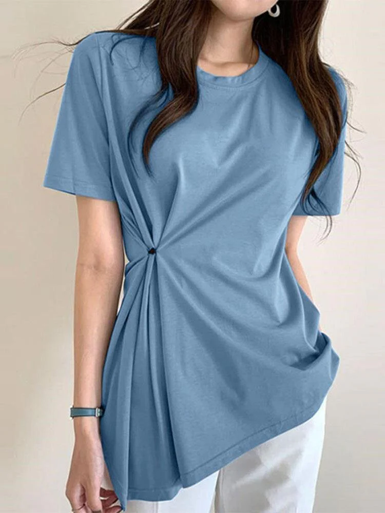 deanwangkt Bohemian Solid Button Down Front Irregular Hem Causal Blouse For Women - Deanwangkt