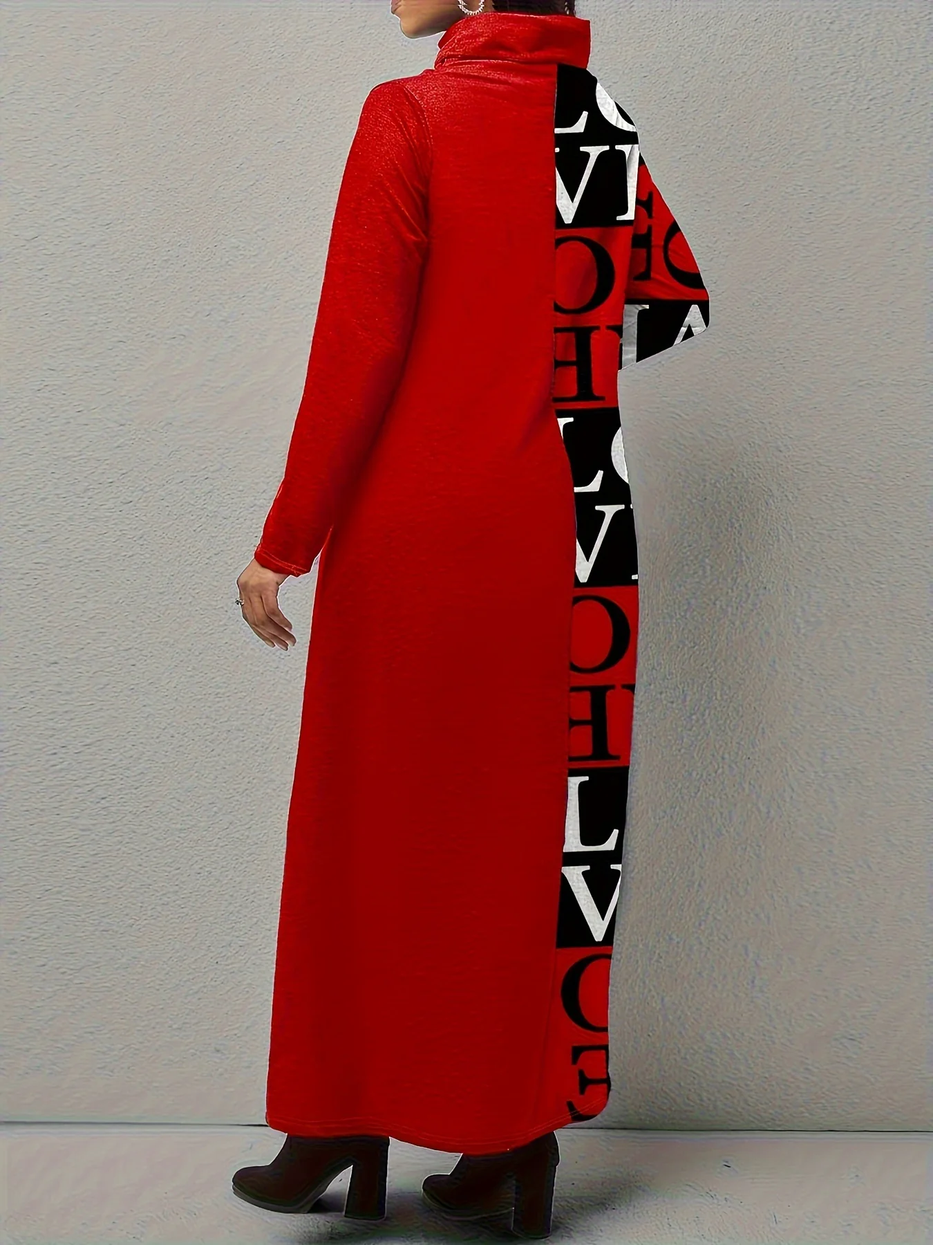 Letter Print Splicing Dress, Casual Dipped Hem Long Sleeve Dress, Women's Clothing - Deanwangkt