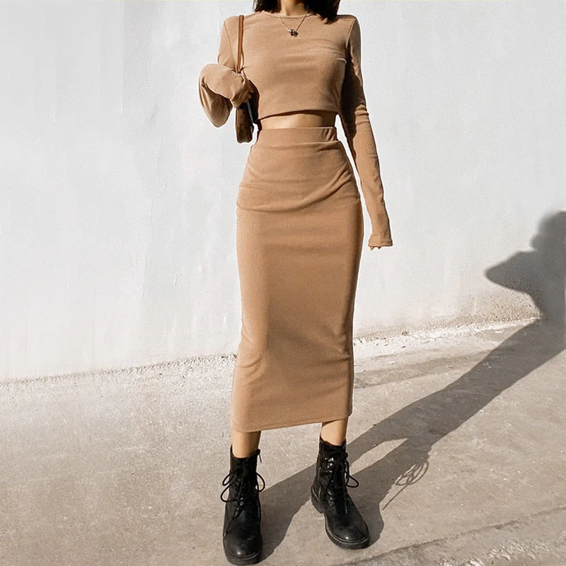 Graduation Gifts  Women long tees tops t shirt Top long Skirt two piece Set Hot Sexy Women Korean Two-piece Suit skirts sets HIEZ - Deanwangkt