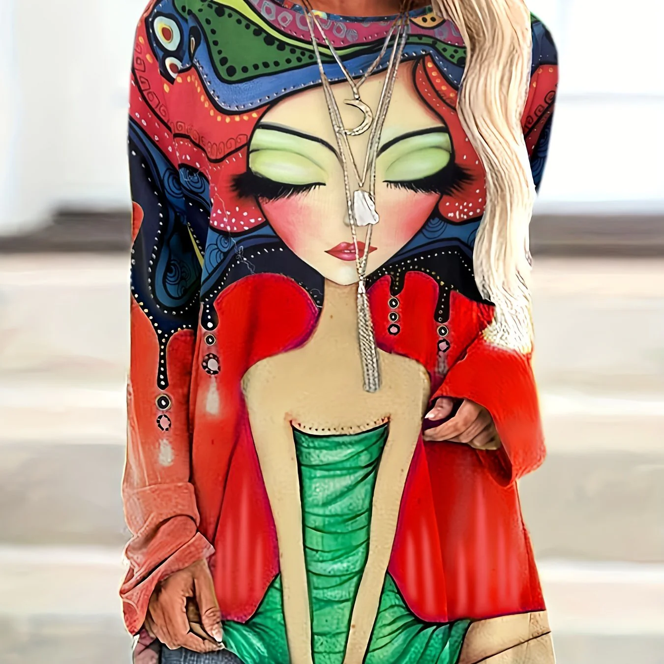 Plus Size Casual Top, Women's Plus Cartoon Figure Print Long Sleeve Round Neck Slight Stretch Top - Deanwangkt