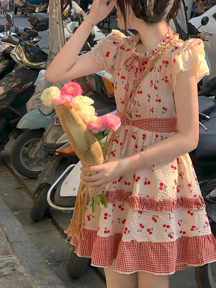 deanwangkt Summer Red Lolita Kawaii Dress Women Bow Sweet Princess Party Mini Dress Female Patchwork Korean Fashion Cherry Cute Dress - Deanwangkt