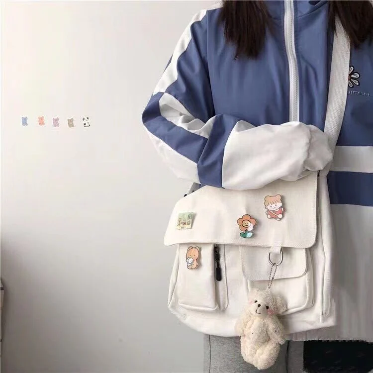 deanwangkt New Japanese High School Girls Canvas Bag Simple Large Capacity Crossbody Bags Women Multi-pockets Shoulder Bag Satchels Bolsos - Deanwangkt
