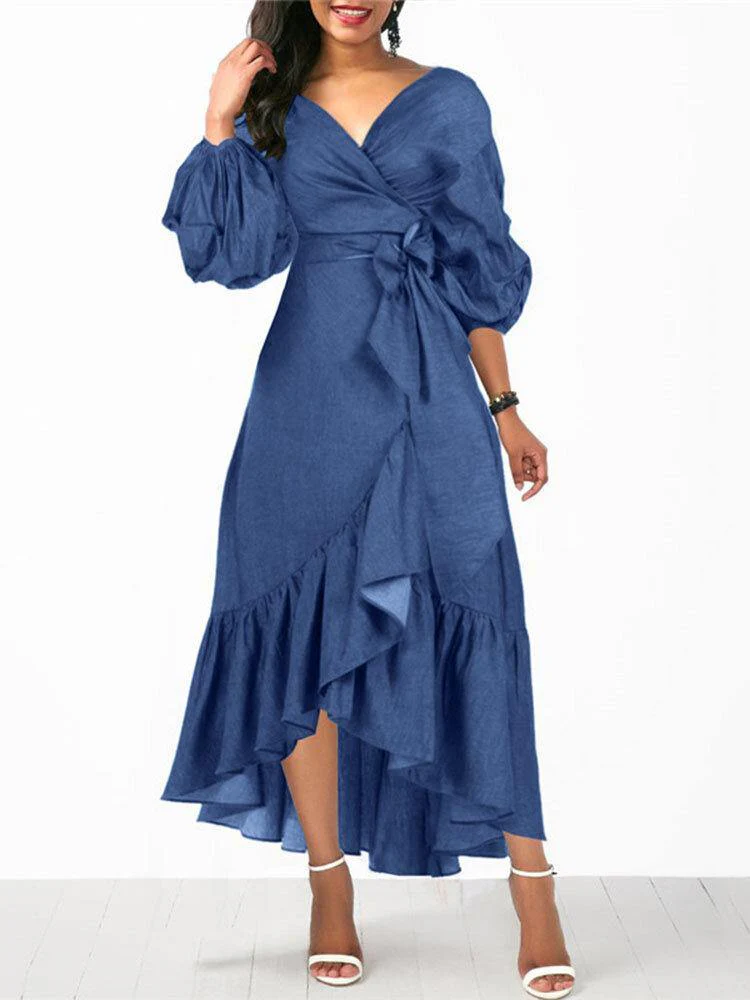 deanwangkt Women Denim Irregular Ruffle Hem Puff Sleeve Belted V-Neck Midi Dress - Trendy and Chic - Deanwangkt