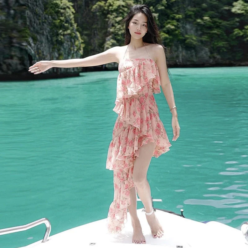 deanwangkt  Irregular Ruffled Breast Wrap Strap Dress Women's  Spring Summer Midi Flower Halterneck  Boho Dress Beach Dress Sundress  Fairy Dress - Deanwangkt