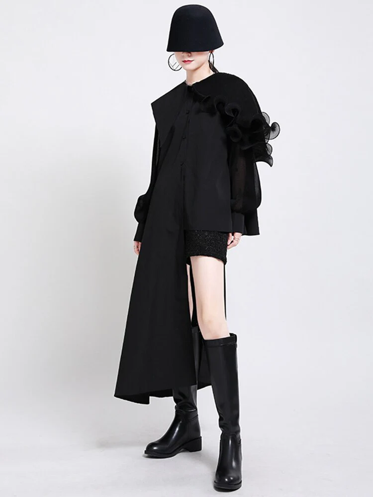 deanwangkt Women Green Ruffles Irregular Big Size Blouse New Lapel Long Sleeve Loose Fit Shirt Fashion Tide Spring Autumn  1DA218 - Deanwangkt