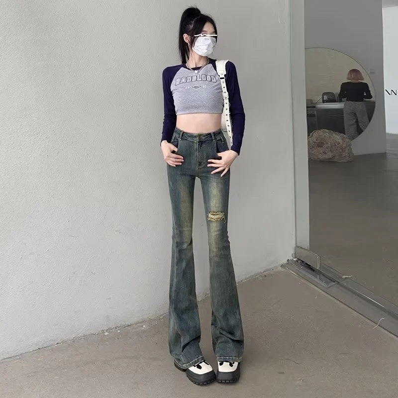 deanwangkt Micro Flared Pants, Spring And Autumn Pants, High Waisted Jeans, Minimalist New Style, Fashionable Harajuku Women's Trend - Deanwangkt