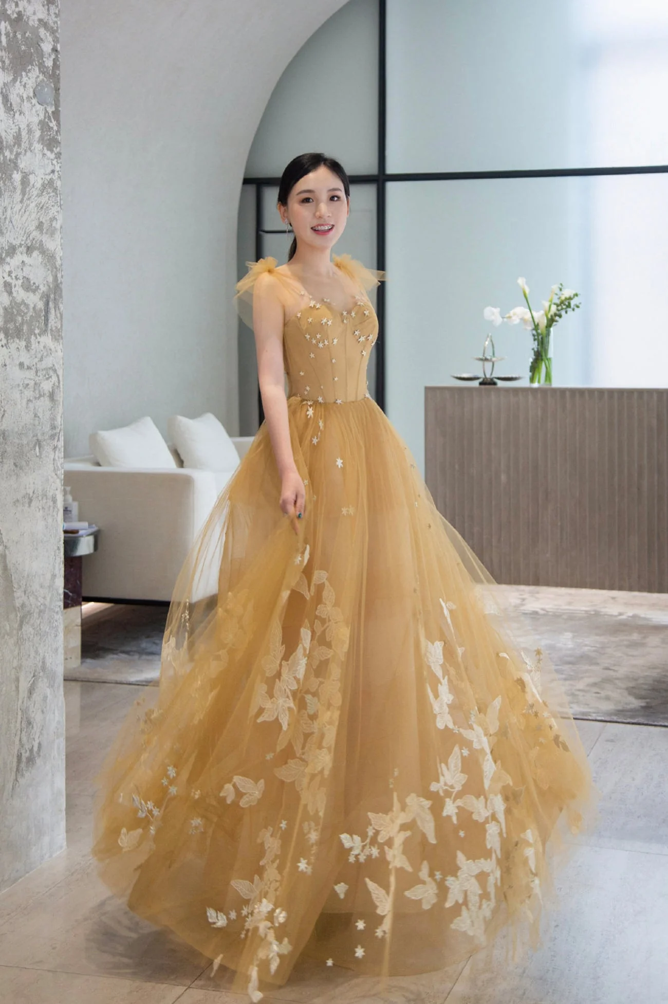 solvbao Yellow Tulle Lace Long Prom Dresses, A-Line Evening Gowns - Deanwangkt