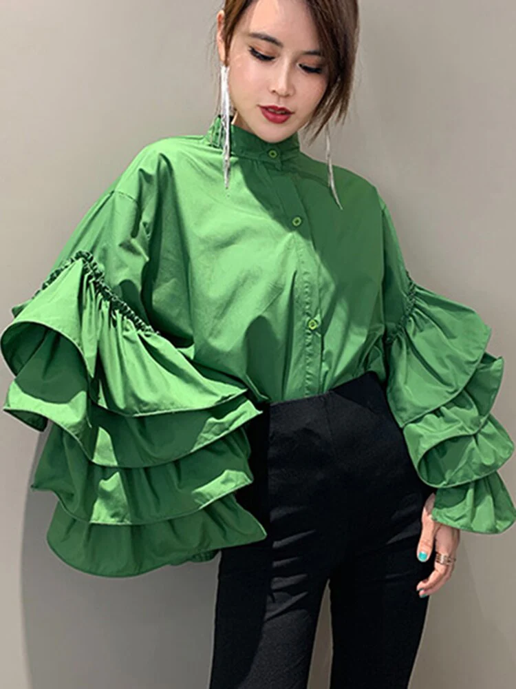 deanwangkt Loose Solid Shirt For Women Stand Collar Lantern Sleeve Patchwork Ruffle Single Breasted Chic Blouse Female  Spring - Deanwangkt