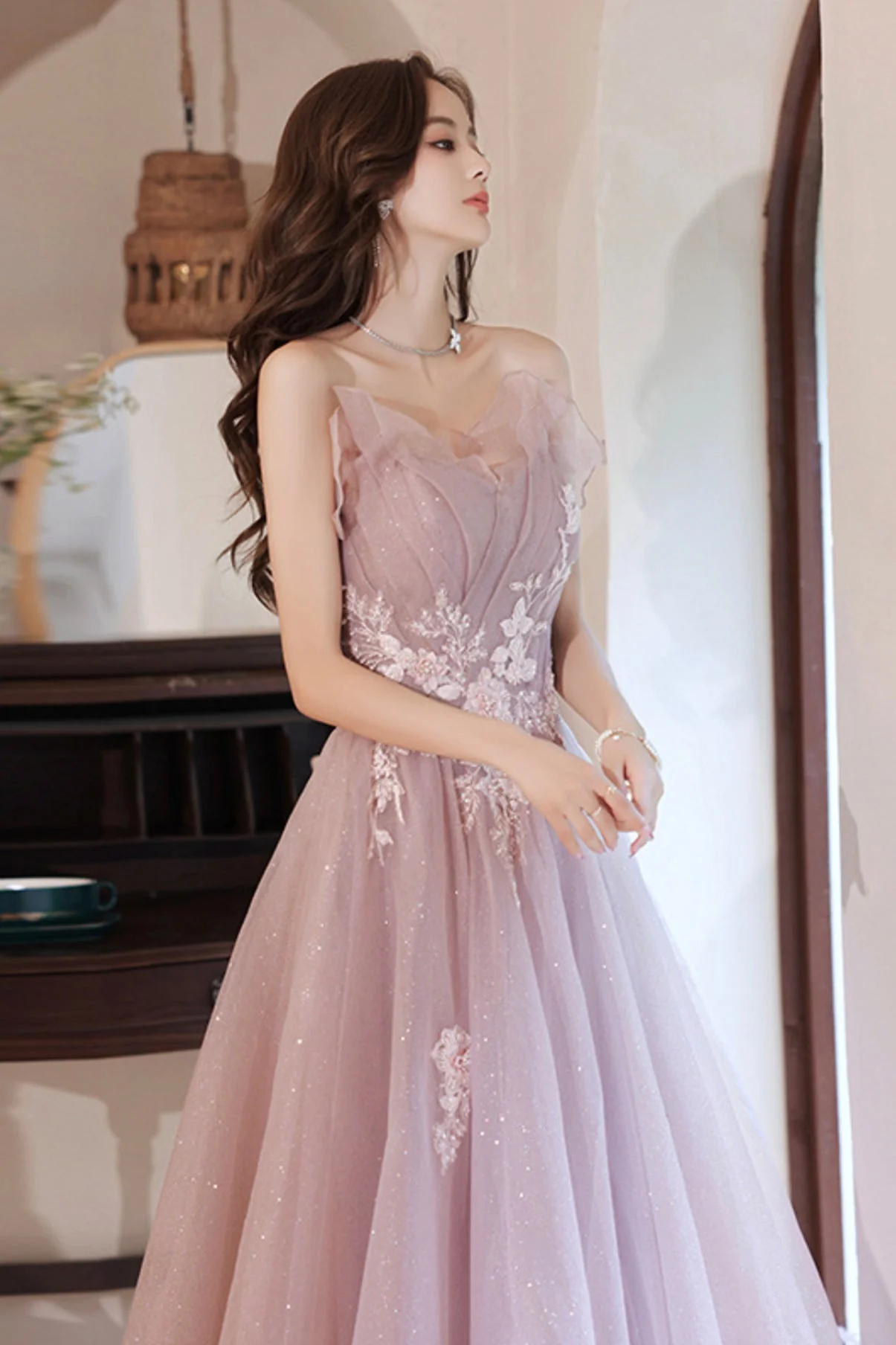 solvbao Pink Tulle Lace Long Prom Dresses, A-Line Evening Dresses - Deanwangkt