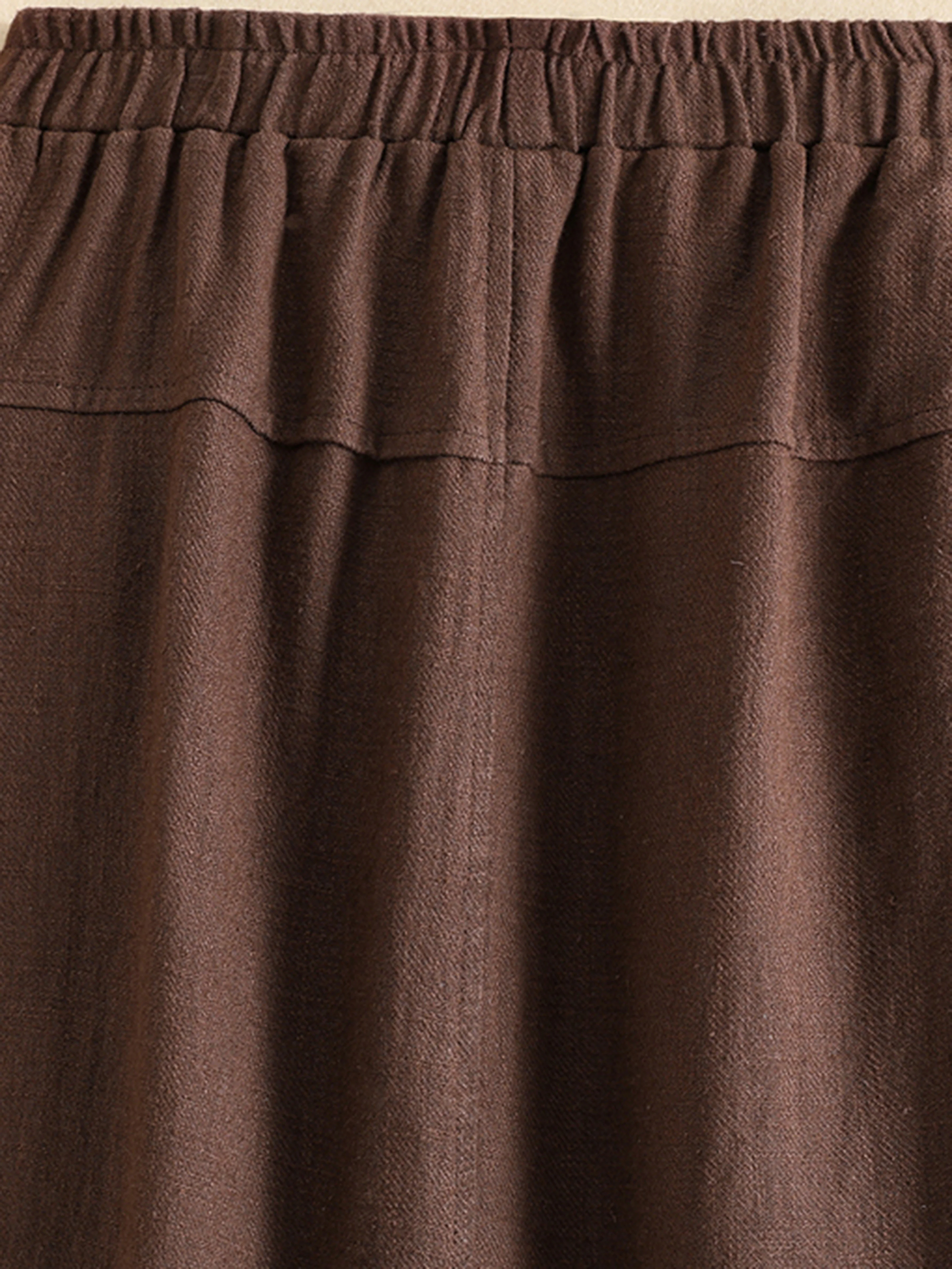 Solid Elastic Waist Button Cotton Skirt, Vintage Pocket Midi Skirt For Spring & Fall, Women's Clothing - Deanwangkt