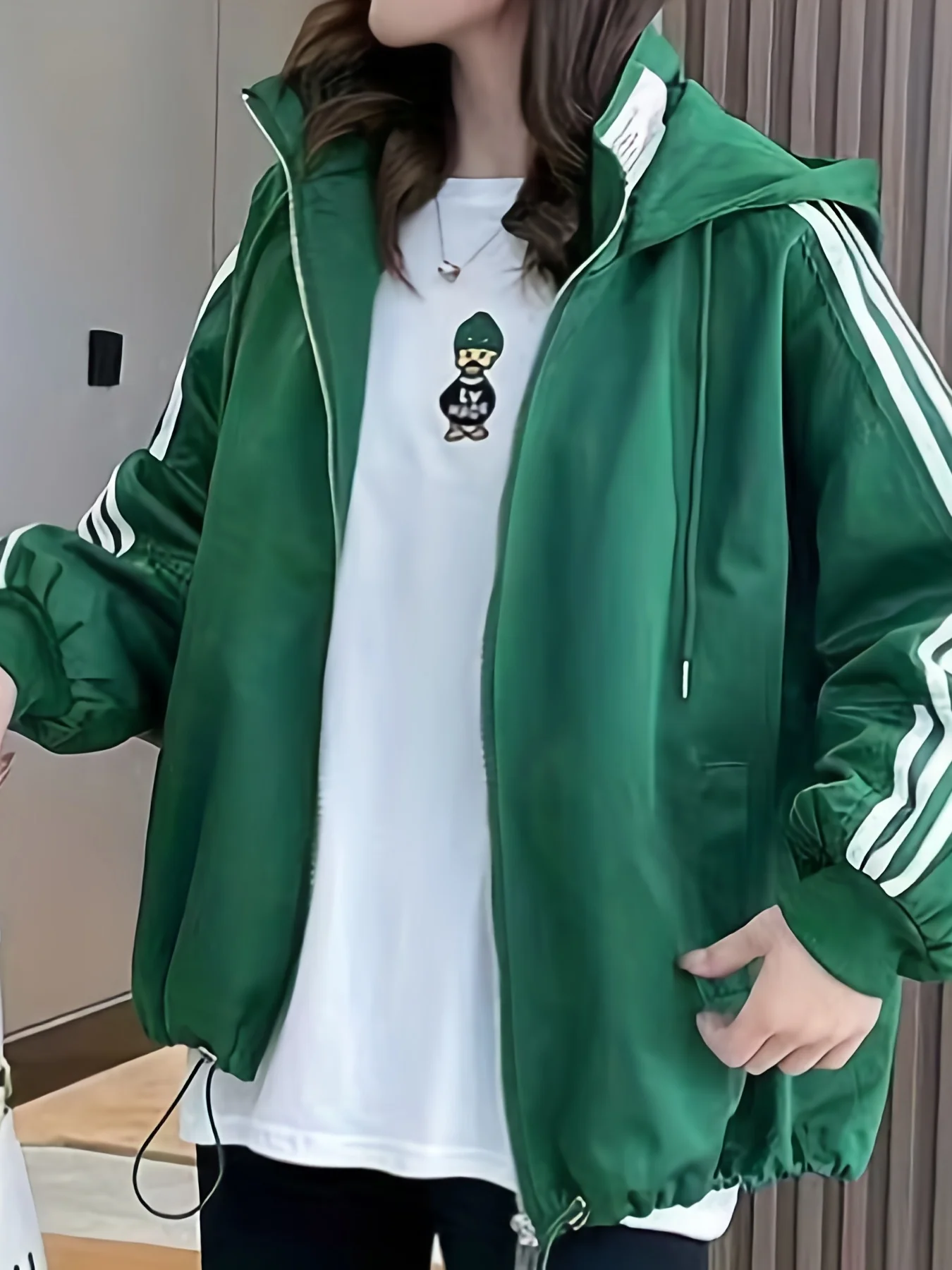 deanwangkt-1 Striped Print Zip Up Jacket, Casual Drawstring Hooded Jacket, Women's Clothing - Deanwangkt