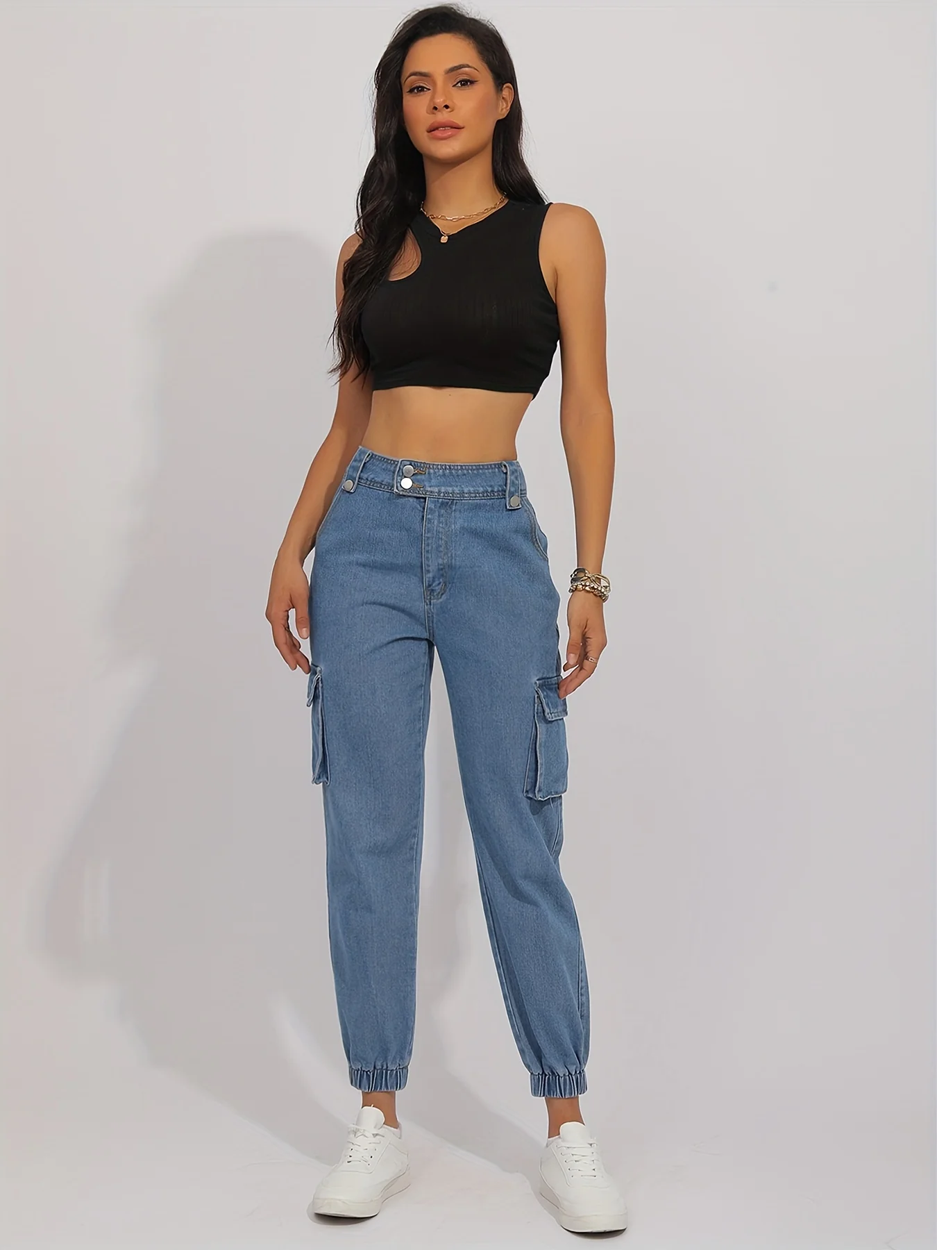Flap Pocket Double Side Bottons Cargo Jeans, Wash Blue Street Jogger Jeans, Women's Denim Jeans & Clothing - Deanwangkt