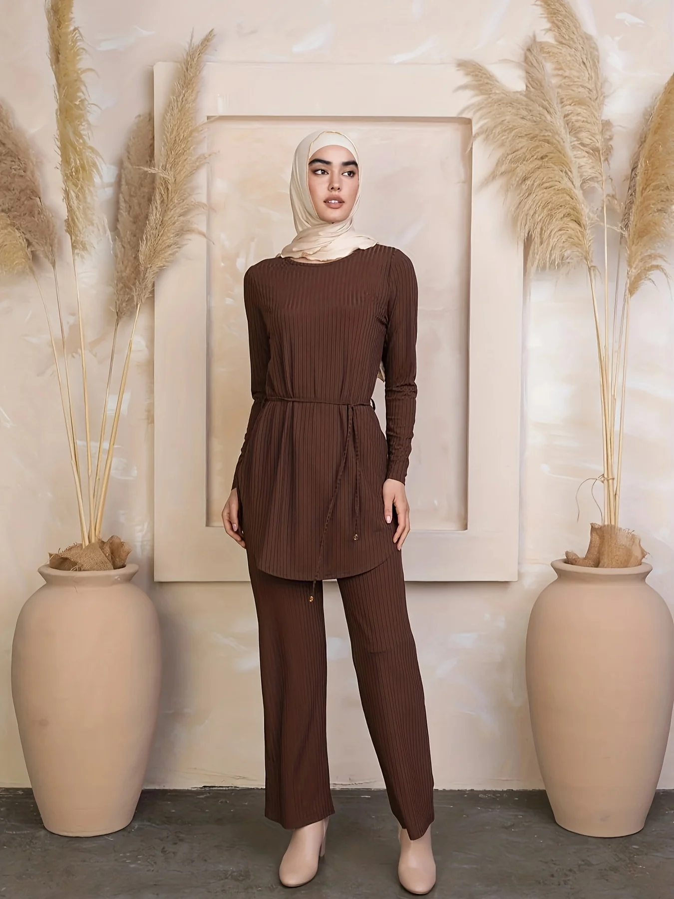 Casual Ribbed Knit Two-piece Set, Curved Hem Long Sleeve Top & Straight Leg Pants Outfits, Women's Clothing - Deanwangkt