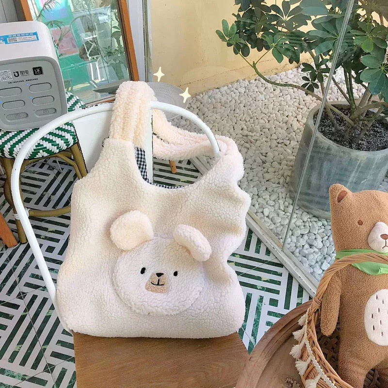 deanwangkt Soft Plush Tote Bag Women 3D Cartoon Bear Print Kawaii Shoulder Bag For Women Imitation Lamb Hair Warm Winter Handbags Big Bag - Deanwangkt