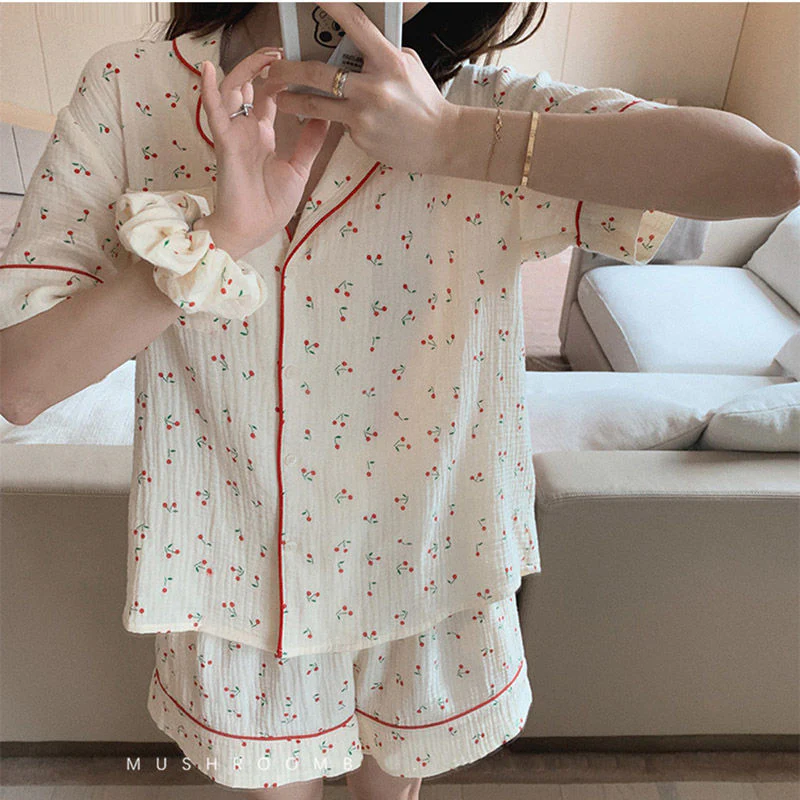 deanwangkt Cotton Suits with Shorts Girl Korean Women's Pajamas Kawaii Pyjama Cherry Print Pijama Short Sleeve Sleepwear Nightie Pjs - Deanwangkt