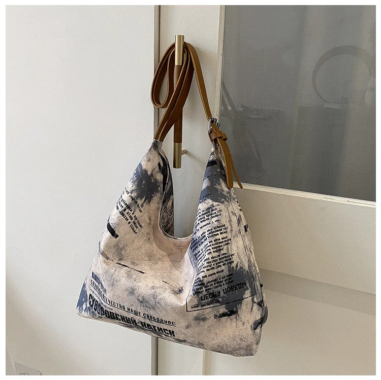 deanwangkt New Shoulder Bag For Women Newspaper Print Oxford Handbags PU Leather Straps Bucket Bag Ladies Tote Bag Hand Bags Bolsos - Deanwangkt