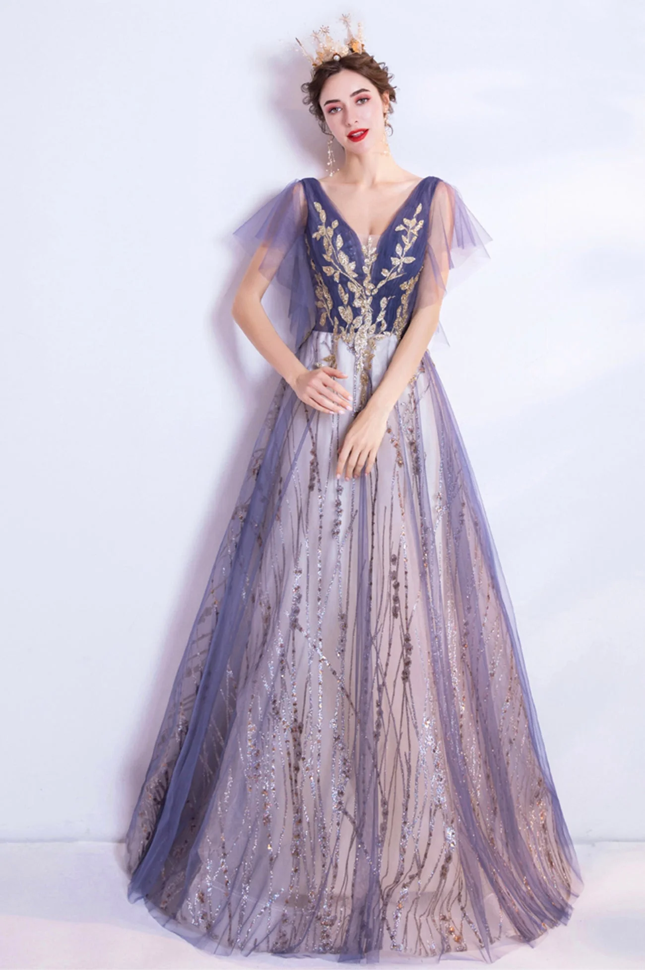 solvbao Purple V-Neck Tulle Sequins Long Prom Dresses, A-Line Evening Dresses - Deanwangkt