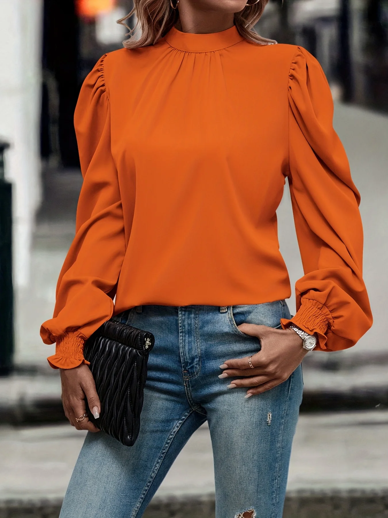 Mock Neck Puff Sleeve Blouse, Casual Solid Blouse For Spring & Fall, Women's Clothing - Deanwangkt