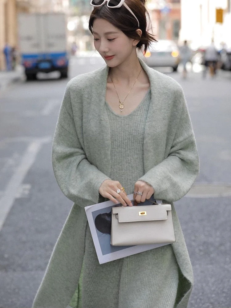 deanwangkt  New Women's Autumn and Winter Thickened Comfortable Loose Long Sweater Jacket Knitted Dress Two Piece Autumn and Winter Set - Deanwangkt