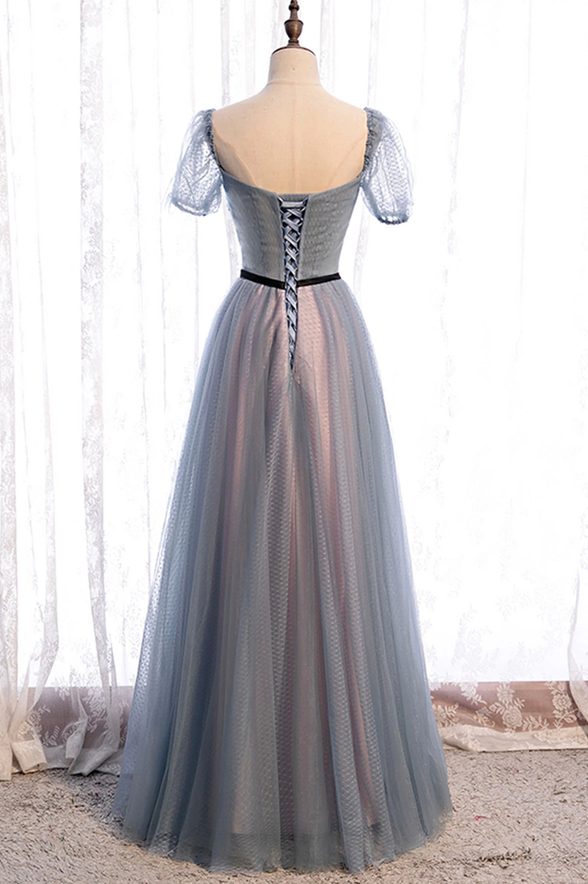 solvbao Gray Blue Tulle Long A-Line Prom Dress, Cute Short Sleeve Evening Dress - Deanwangkt