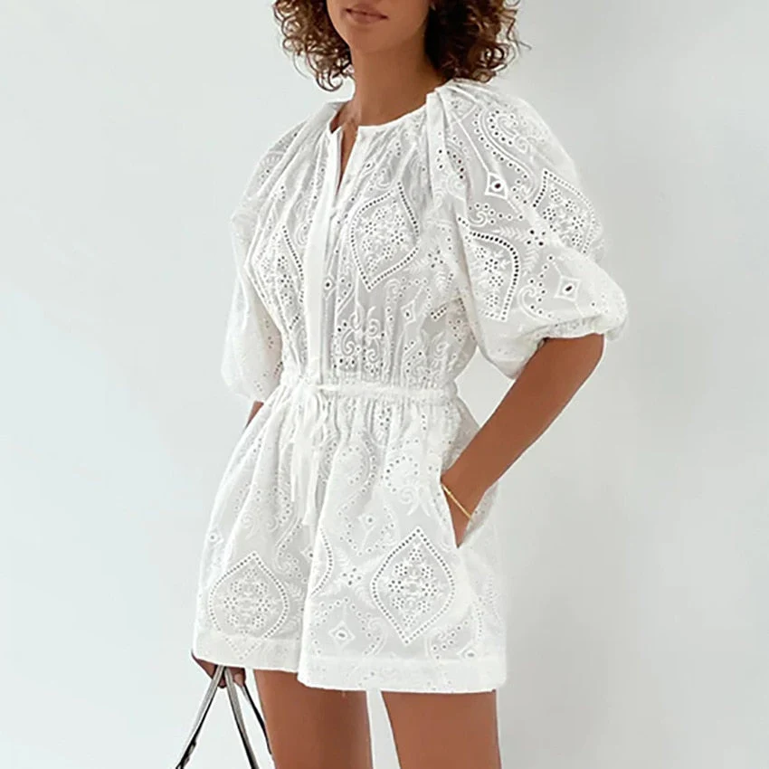 deanwangkt European and American fashion casual white Jacquard jumpsuit shorts women summer waist cotton bubble sleeve jumpsuit - Deanwangkt