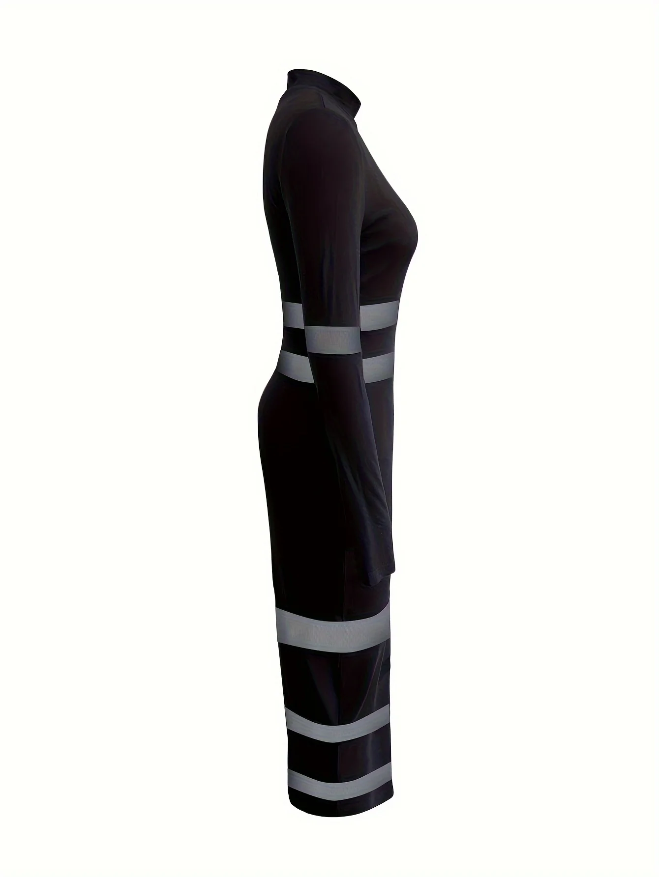 deanwangkt-1  Mesh Panel Long Sleeve Slim Dress, Casual Mock Neck Dress For Spring & Fall, Women's Clothing - Deanwangkt