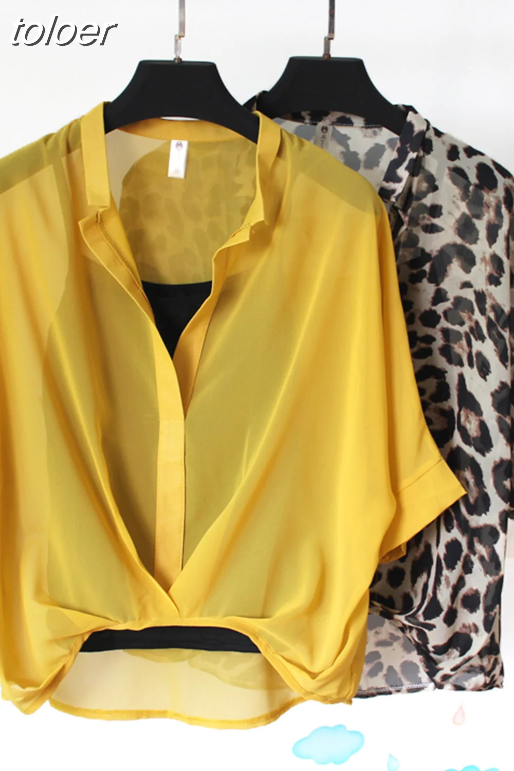 deanwangkt Two Piece Set Leopard Chiffon Shirts Summer Half Sleeve Loose V-Neck Women Casual Blouse Sexy Casual Striped Tops 19483 - Deanwangkt