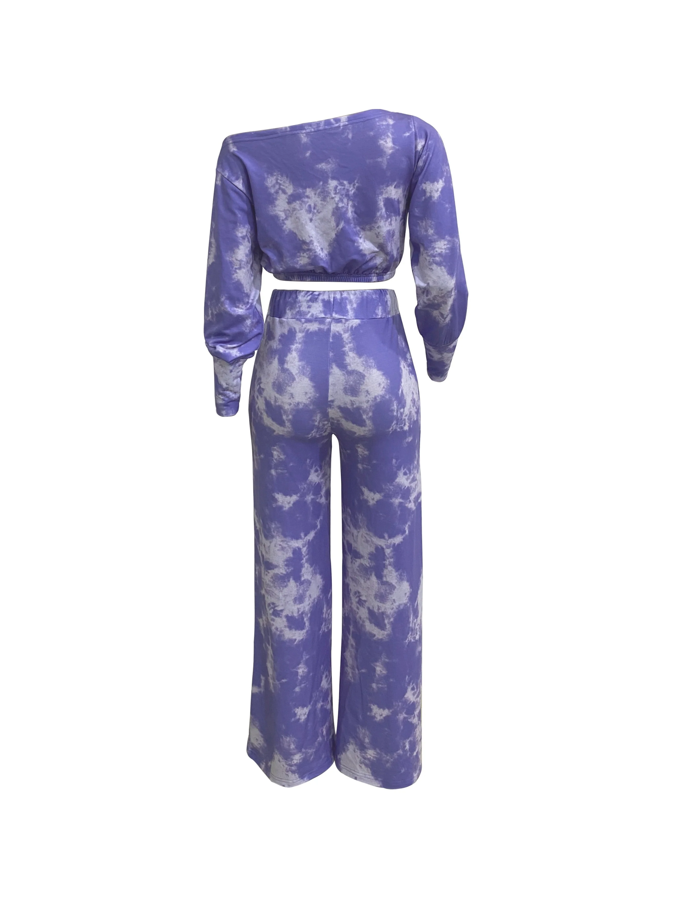 Tie Dye Two-piece Set, Asymmetrical Neck Long Sleeve Crop Top & Drawstring Wide Leg Pants Outfits, Women's Clothing - Deanwangkt